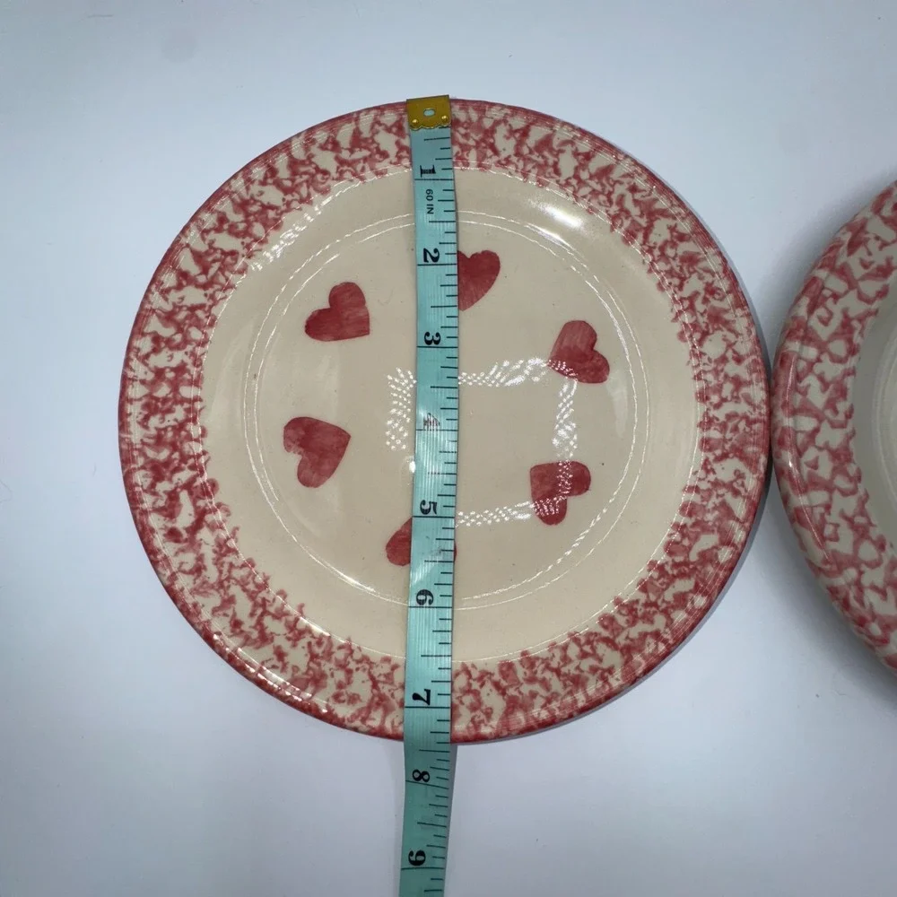 FP Friendship Pottery Roseville USA Plates Bowls Mugs Pink Spongeware Heart‎ 8PC